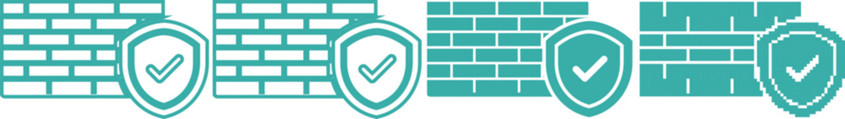 Teal shield icons with checkmarks on brick wall backgrounds for security and protection concepts