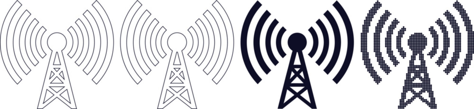 Various cellular tower icons with signal waves in different styles and colors
