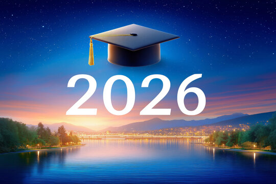 2026 graduation banner with cap over night sky landscape background
