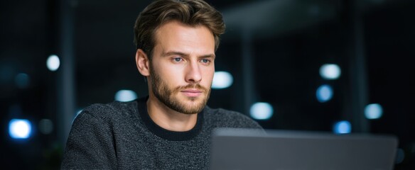 A software developer dances with code on a laptop in a sleek office jungle.