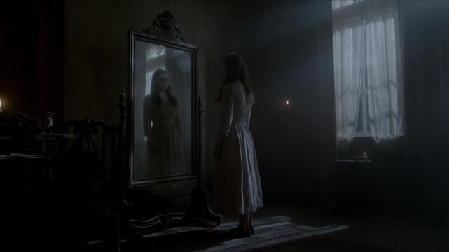 Cinematic horror stock footage young woman abandoned Victorian house. Haunted mirror reflection morphing ghostly figure. Dim lighting, flickering candles, foggy ghost interactions, slow suspenseful 4k