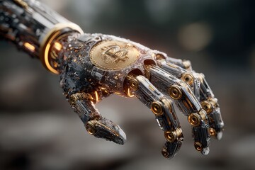 Robot hand secures blockchain digital ledger innovations for transactions and data management in a decentralized network system