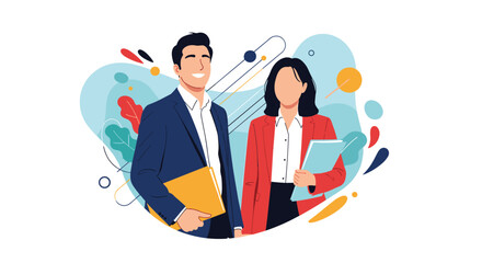 Professional business man and woman in formal suits standing confidently with documents against an abstract colorful graphic background.