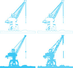 Four different blue crane illustrations in various styles and designs on white background