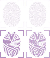 Four different fingerprint icons in purple on white background with corner brackets