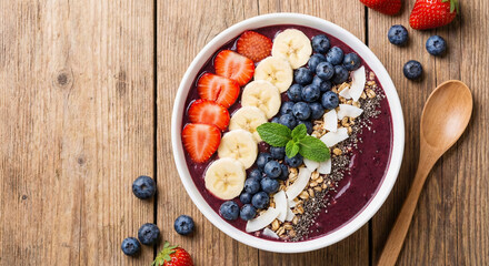 Top view of healthy acai smoothie bowl with fresh fruits, healthy breakfast food concept