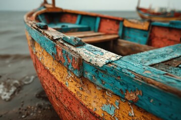 Old wooden fishing boat with peeling paint resting on dock, showcasing vibrant colors and weathered texture in coastal setting