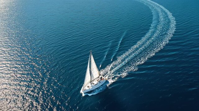Sailing Boat Gliding Across Open Blue Water with White Wake on a Sunny Day Aerial View