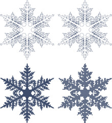Four Different Snowflakes in Various Shades and Patterns on White Background