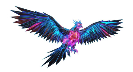 Obraz premium majestic low-poly phoenix rendered in brilliant holographic material, displaying iridescent sheens and neon glow against a solid black background. concept of abstract geometric cyberpunk art