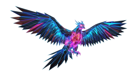 majestic low-poly phoenix rendered in brilliant holographic material, displaying iridescent sheens and neon glow against a solid black background. concept of abstract geometric cyberpunk art