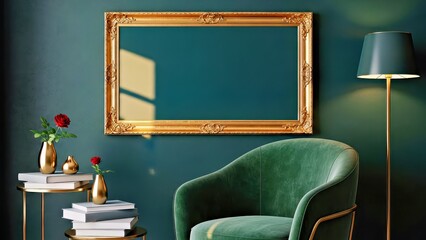 Luxury Modern Living Room Decor Gold Mirror Teal Walls Vintage Green Chair Stacked Books Gold Vases Roses.jpg
