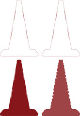 Four different traffic cones in various design styles and colors for construction or safety purposes