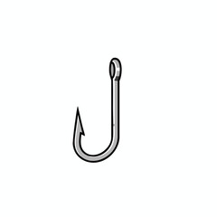 Isolated, stylized illustration of a curved fishing hook with a sharp point