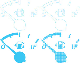 Fuel gauge icons in different styles and colors on white background
