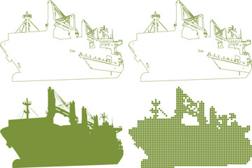 Green cargo ship illustrations with cranes and container terminals in various styles