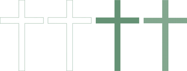 Green crosses in different styles and patterns on white background
