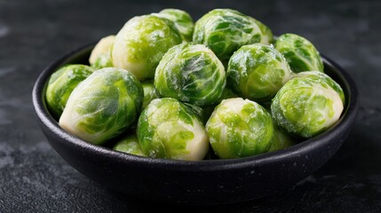 Fototapeta premium Fresh green brussels sprouts in black bowl on dark tabletop.
