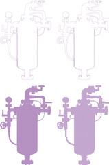 Industrial filtration system with various purple outlines and shaded designs on white background