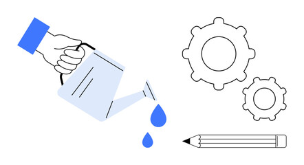Growth strategy, innovation, creativity, productivity, process optimization, teamwork. A hand pours water onto gears and a pencil. Growth strategy and innovation in business and creativity © robu_s