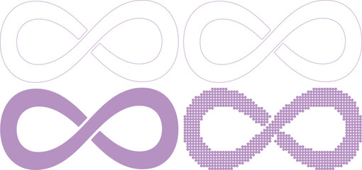 Infinity symbol in various purple line styles and patterns on white background