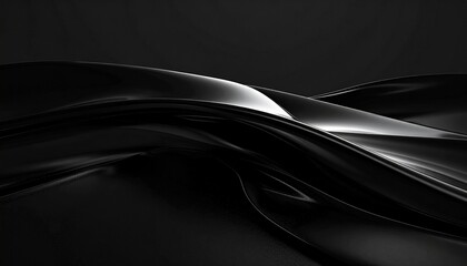 Smooth black satin and silk fabric background featuring dark flowing waves and soft liquid textures with subtle blue light lines on a sleek vector design