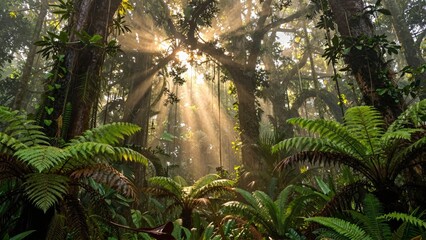 Sunlight filtering through dense jungle canopy