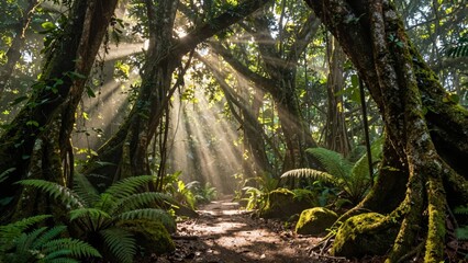 Sunlight filtering through dense forest canopy