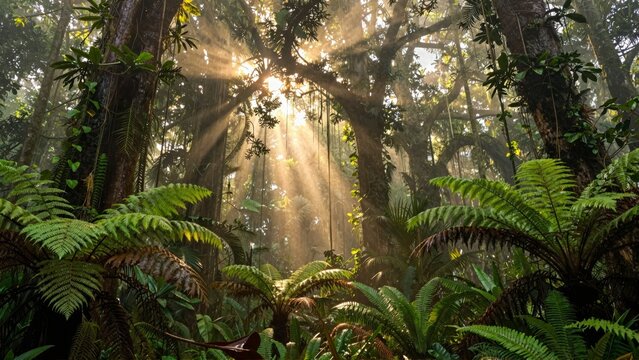 Sunlight filtering through dense jungle canopy - Powered by Adobe