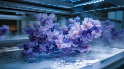 A vibrant purple coral-like structure emerges from a futuristic machine with visible mist, hinting at advanced technology