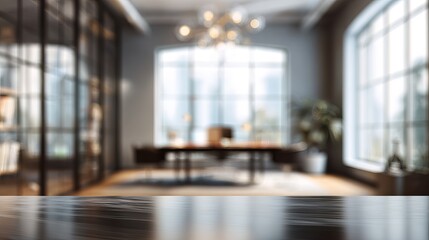 Fototapeta premium A blurred office interior with a large wooden desk and modern furniture in a bright room