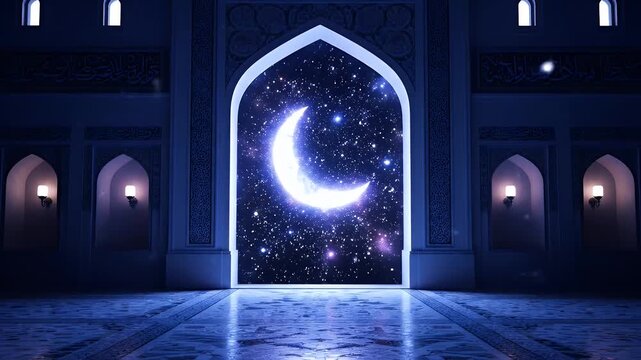 A mosque gate opens to a crescent moon and stars at night.