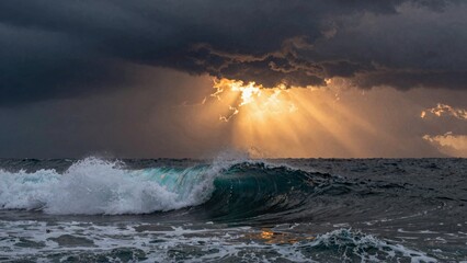 Ocean wave crashing under stormy sky with sun rays