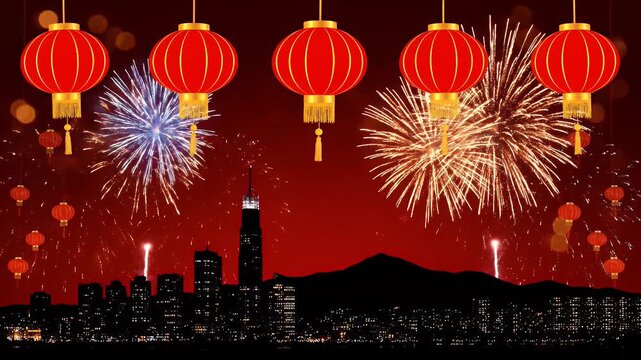 Red lanterns and fireworks over a night cityscape celebration.