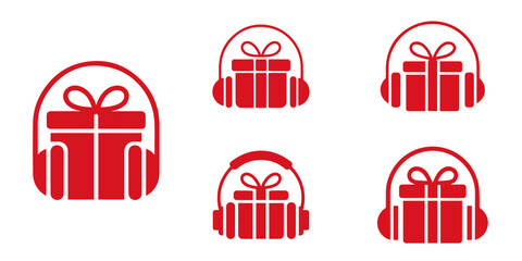 Red gift box icon with headphones on, representing audio gifts and holiday music, presented in multiple sizes.