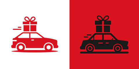 Two stylized icons of a car carrying a gift on its roof