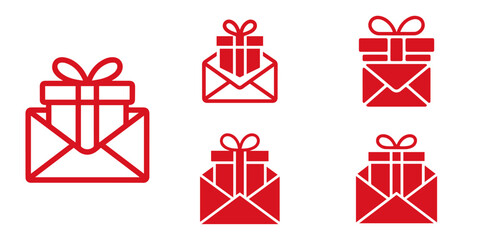 Collection of five red gift box icons on white background, representing digital gifts and online surprises.