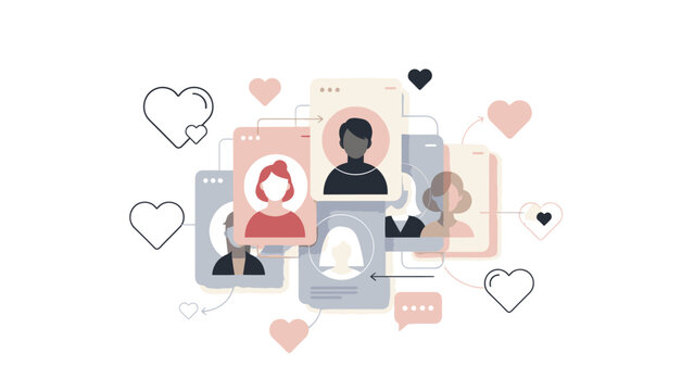 Illustration of people icons and hearts on Valentine's Day themed social media profiles with a pastel color scheme.