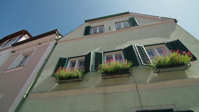 Tourist streets of Durnstein Wachau Valley Austria. Beautiful historic architecture of buildings in the valley on the banks of the Danube.