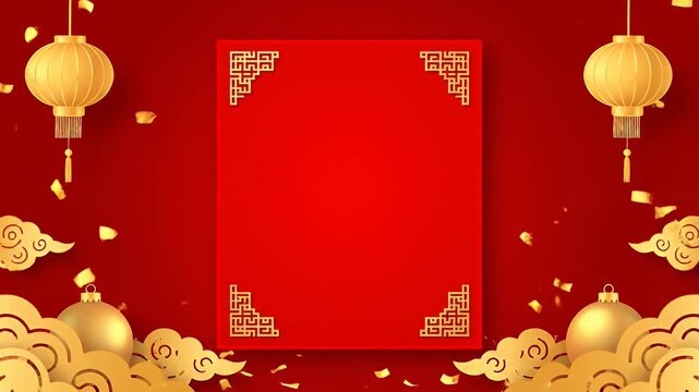 Festive gold lantern and frame on a red celebration background.