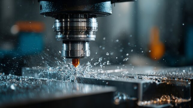 Close-up of a milling machine cutting metal with coolant creating a dynamic spray effect. Industrial setting with blurred background