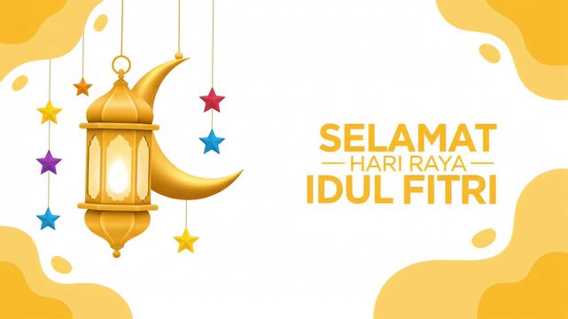 Golden lantern, moon, and stars on an Eid al-Fitr greeting.