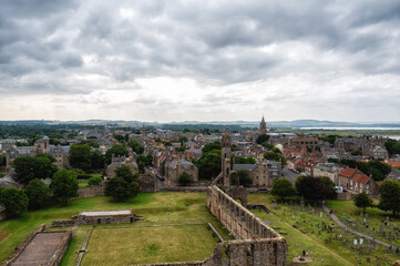 Aerial view of buildings in the old town of St Andrews, Scotland