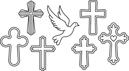 Vector illustrations of assorted religious icons, showcasing common designs like the Latin cross and more ornate, traditional shapes.