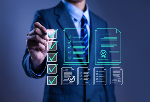 Man checking checkboxes, business performance checklist concept, survey, ticking checklist, filling out online forms, document management system, DMS, performance appraisal