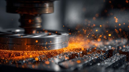 Close-up of automated industrial machinery shaping metal, with bright sparks flying around the work area. Focused and intense detail