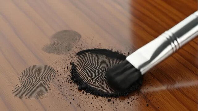 Forensic scientist dusting for fingerprints showing the revealing process of latent marks on a wooden surface for crime scene investigation