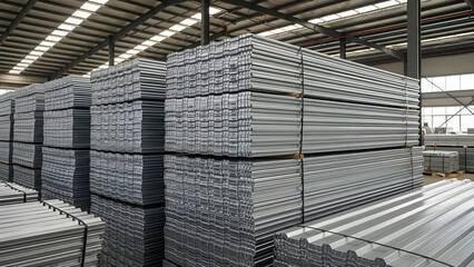 street scene in the city, Corrugated metal sheets stacked in neat pile inside warehouse. Shiny silver material for roofing or construction, ready for sale and delivery.