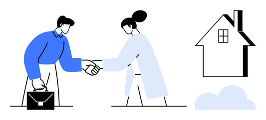 Real estate, partnerships, contracts, homeownership, client relationships, property investment. Businessman shaking hands with a woman. Real estate and partnerships concept