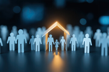  Paper people surround glowing house icon, representing protected families and community.